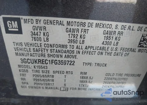 2015 Chevrolet Silverado 1500 1Lt из США, поврежденный, VIN 3GCUKREC1FG359722